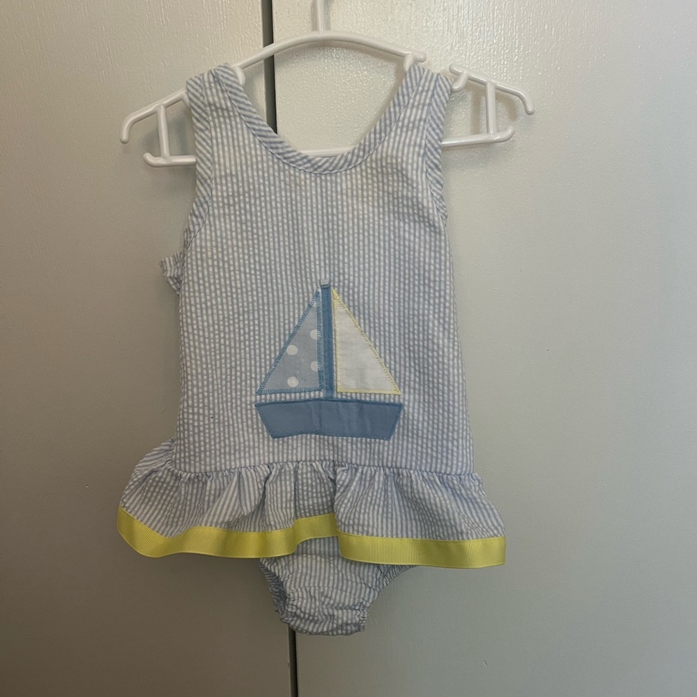 Striped Baby Bathing Suit with Sailboat Design